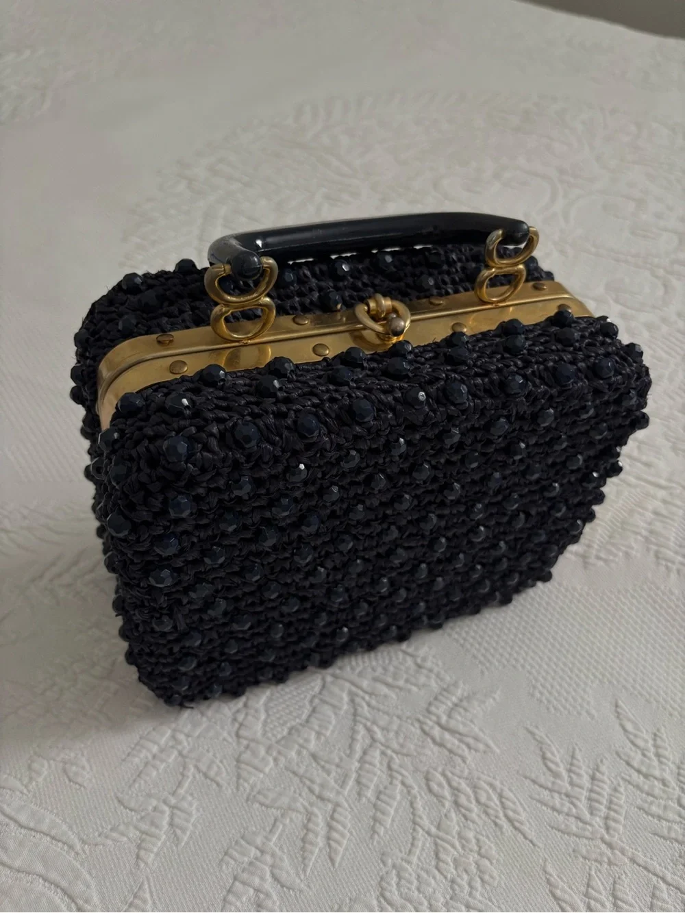 Vintage 1950s beaded navy blue box clutch handbag Made in Italy